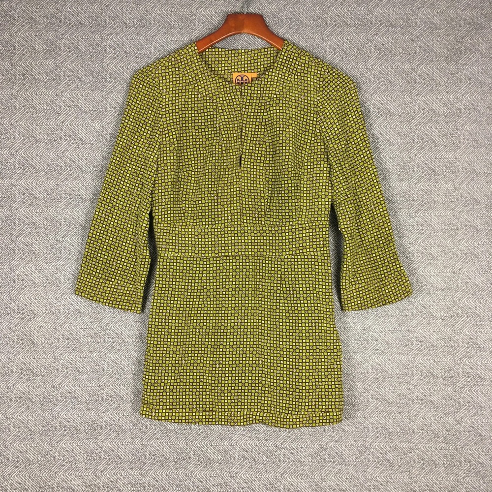 Tory Burch Green Geometric Silk Tunic Top 3/4 Sleeve Size 6